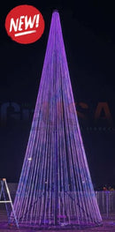 A tall conical sasquatch legend megatree system lit up with vibrant purple led lights for christmas decor