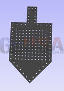 Dark gray perforated metal hanukkah dreidel with laser cut holes by gilbert engineering usa