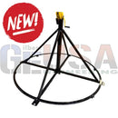 Black metal tripod stand with yellow handle and crank for Sasquatch Legend MegaTrees crank-up telescoping RGB system