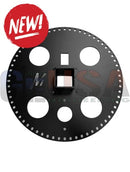 Black metal circular gear with cut-out holes and central square for sasquatch mega tree sliding topper light show