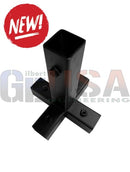 Black metal cross shaped connector with square tubing and bolts for sasquatch megatree base support system