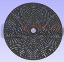 Black circular metal disc with central hole and white dot patterns laser cut by gilbert engineering usa the reel deal