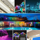 Colorful led lights from g-track permanent holiday lighting illuminate homes pools and cityscapes permanently
