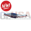 Clear plastic iii-lok gel lok connector housing with red and blue wires attached to a compact electronic component