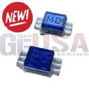 Blue md fuse with metallic silver terminals from iii-lok gel lok connectors showing durable electrical protection