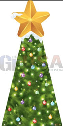 A golden star with a snowy cap on a lush green flat mini tree decorated with colorful ornaments and a candy cane print