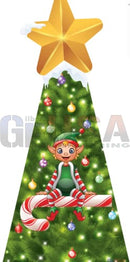 A cheerful elf in a red and white outfit sits on a candy cane on a flat mini trees ornament tree print design