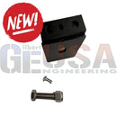 Black rectangular metal Sasquatch megaTree pulley cap cover with holes, bolt and nut for securing tree topper easily