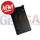 Black rectangular metal Sasquatch Mount with four holes and a small tab at top corner for secure mounting