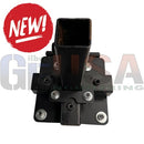 Black metal hitch receiver adapter with rectangular opening and four bolts for sasquatch megatree base collection