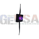 Black rectangular evo permanent mount pixels laser projector with glowing purple light and attached black cables