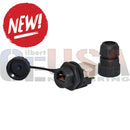Black rubber-sealed ethernet connector with metallic contacts and protective cap from mattos designs enclosure build accessories