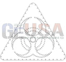 Triangular metal laser cut stencil with biohazard symbol and circular perforations by gilbert engineering usa