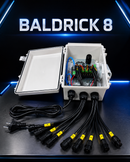 White plastic baldrick 8 port controller by gilbert engineering usa with multiple black cables and laser cut connectors