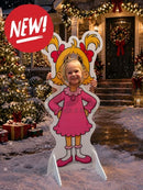 Interactive photo op props featuring a cartoon girl cutout in a pink dress with ruffled collar and matching shoes with two stand brackets