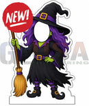 Purple-haired cartoon witch photo op prop with black hat cloak and boots for interactive photo fun