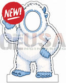 White and blue fluffy yeti cutout holding red new circle for interactive photo op props fun and engagement