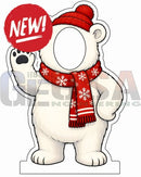 A white polar bear cutout photo op prop wearing a red knit hat and scarf with snowflake patterns for interactive photo fun