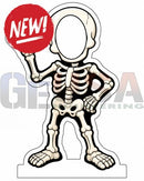 A white skeleton cutout holding a red new sign from interactive photo op props for fun photo op props use