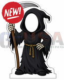 Black cartoonish grim reaper interactive photo op prop holding a red new sign for fun photo op props