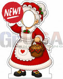 Red and white christmas-themed interactive photo op props of a festive maid holding a basket of cookies