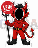 Red devil cutout standee with black horns ears and tail holding a pitchfork for interactive photo op props