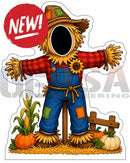 A cheerful scarecrow photo op prop with red plaid shirt blue denim overalls straw arms for interactive photo fun