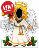 A festive white angel photo op prop with golden wings halo holly berries and a red bow for interactive photo fun