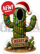 A festive green cactus photo op prop with colorful lights and a red santa hat for interactive photo fun