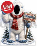 White fluffy yeti cutout with red white scarf holding wooden sign for interactive photo op props use