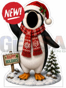 A festive black and white penguin wearing a red santa hat and scarf standing on snow next to a christmas tree photo op props