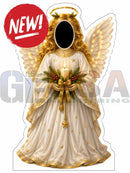 A white angel photo op prop with gold wings holding a candle in festive greenery perfect for interactive photo fun