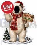 A festive white polar bear photo op prop wearing a red santa hat and scarf holding a merry christmas sign for interactive photo fun