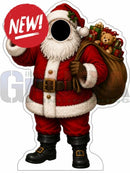 Red and white santa claus photo op prop with face hole holding new sign and toy sack for interactive photo fun