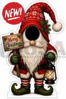 Red and white knit santa gnome with green boots holding lantern and merry christmas sign photo op props for interactive photo