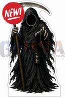 Black reaper photo op prop holding scythe and sign with tattered robe and lantern for interactive photo fun