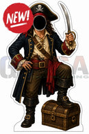 Pirate-themed interactive photo op props standee with black tricorn hat navy coat and curved sword for photo fun