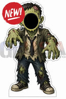 Green zombie cutout photo op prop with face hole wearing torn olive jacket white shirt and ripped jeans for interactive photo