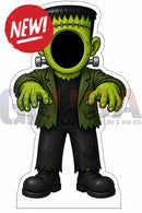 Green frankenstein photo op prop with stitched face and black clothing perfect for interactive photo fun