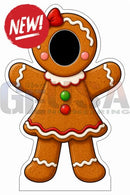 A festive gingerbread girl photo op prop with sugar-coated brown color and white icing details for interactive photo fun