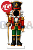 Red and green nutcracker photo op prop with gold trim black hat red jewel holding golden staff for interactive photo