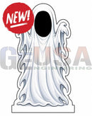 White ghost-shaped interactive photo op prop with flowing translucent fabric and black oval center for fun photos