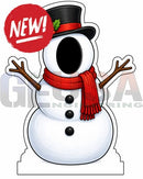 White snowman photo op prop with black top hat red scarf and buttons perfect for interactive photo fun
