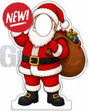 Interactive photo op props featuring a red and white santa claus cutout with black belt gold buckle and brown gift sack
