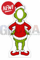 Green grinch in red santa suit with white fur trim and elf shoes interactive photo op props for holiday fun