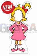 Pink interactive photo dress with ruffled collar and hem featuring cartoon girl with yellow hair and red bows photo op props