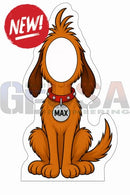 Orange cartoon dog cutout with floppy ears and red collar max tag for fun interactive photo op props