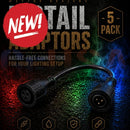 Black pigtail adapter with curved cord and two weather-resistant connectors for hassle-free lighting connections