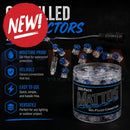 Clear gel-filled connectors with blue caps in a 200-pack jar from mattos designs for reliable moisture-resistant connections