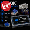 Clear plastic iii-lok gel lok connectors with blue parts in a transparent 20 pack case for easy wire joining
